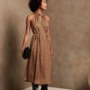 Twist-Neck Satin Midi Dress in Afternoon Latte Brown